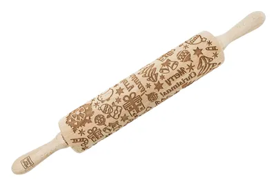 Produktbild von MoodForWood Nudelholz aus Holz, graviert, 43 cm, mit Griffen, perfekt zum Backen - Muster „Frohe Weihnachten“