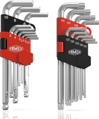 Produktbild von FAMEX 10790 Winkelschraubendreher für Sechskant Innensechskant- und für Stern-Schrauben, lang, 18-teilig