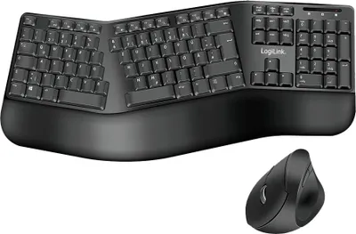 A black ergonomic keyboard and mouse set on a white background.