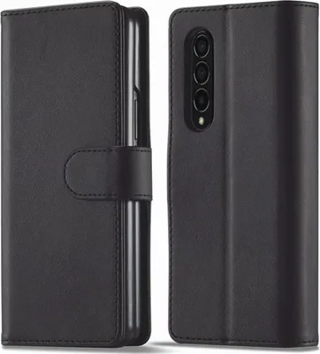 A black flip case for a smartphone, shown from the front and back.