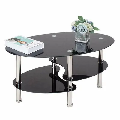 Produktbild von Oval Couchtisch aus Glas mit 2 Ebenen,Beistelltisch mit Tischplatte aus gehärtetem Glas und Metallrahmen,Sofatisch für Wohnzimmer 90x50x43cm
