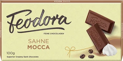 A chocolate bar package with two pieces of chocolate and coffee beans.