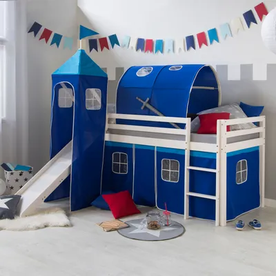 Obrázek produktu pro Homestyle4u Dětská podkrovní postel s žebříkem Slide TowerTunnel Curtain Blue