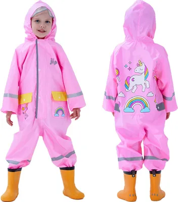 Produktbild von Regenmantel Mädchen Jungen Wasserdichter Regenanzug mit Kapuze Atmungsaktiv Leicht Einteiliger Overall Regenjacke Regenhose mit Reflektorstreifen und Animalprint für Uni Kinder 90-110 cm