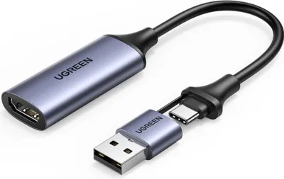 A Ugreen video capture card with HDMI input and USB-C and USB-A connectors.
