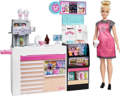 Produktbild von Barbie Nasch-Café Spielset mit Puppe (blond), über 20 Teile Puppen-Zubehör