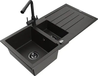 Produktbild von Mexen Andres 1,5-Becken-Granitspüle mit Abtropffläche und Mischbatterie Duero, Schwarz/Gold - 6515-75-671600-70-B