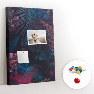 Obrázek produktu pro Korková nástěnka s kolíčky - Tabule s kolíky pro fotografie a poznámky - 60x40 cm - Připínáčky barevné 100 kusů - Tropické listy