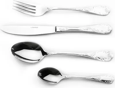 A set of polished silverware, including a fork, knife, and two spoons, arranged vertically against a white background.