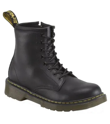 A studio shot of a black Dr. Martens boot.