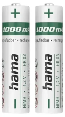 Obrázok produktu pre Hama 00223524, Nabíjateľná batéria, AAA, Nikel-Metal Hydrid (nimh), 1,2 V, 2 kusov, 1000 mAh