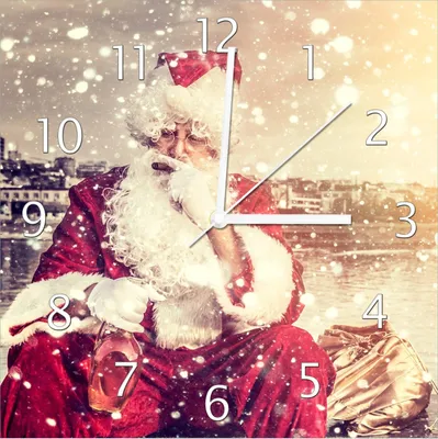 Produktbild von Wallario Design Wanduhr Christmas-Party - Weihnachtsmann mit Schnaps und Zigarre aus Echtglas, Größe 30 x 30 cm