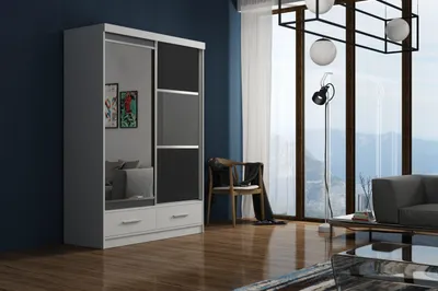 Produktbild von Krudox MARBIS Weiss Kleiderschrank Schiebetüren 150x216x62 cm Spiegel Lacobel Schwarz Grau 1 Kleiderstange 2 Schubladen