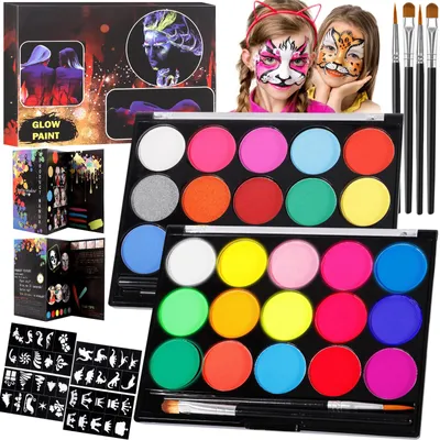 Productafbeelding van Kindermake-up set met 30 kleuren, 2 palettes, 4 kwasten, 40 sjablonen voor tattoos, geschikt voor Halloween en carnaval