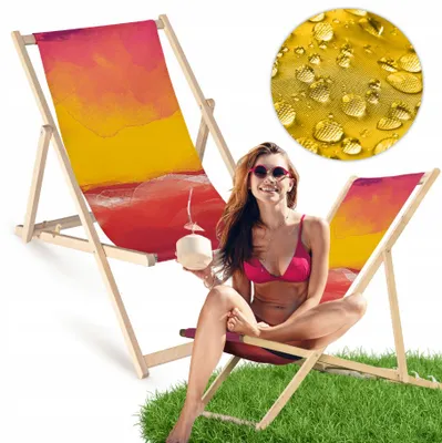 Produktbild von Liegestuhl klappbar aus Holz mit Sonnenuntergang-Motiv – Klappstuhl Klappliege Sonnenstuhl Strandstuhl Gartenliege