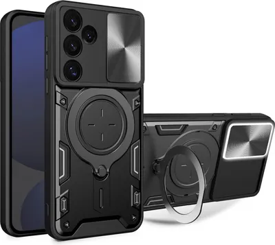 Immagine prodotto di Custodia per Samsung Galaxy S24 FE a doppio strato con copertura della fotocamera e supporto ad anello Nero