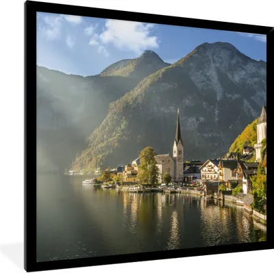 Produktbild von MuchoWow® Gerahmtes Poster Die Sonne scheint auf Hallstatt in Österreich 40x40 cm - Poster mit Schwarzem Bilderrahmen Wandposter Rahmen Foto Bilder - Mit Rahmen - Wanddekoration Schlafzimmer