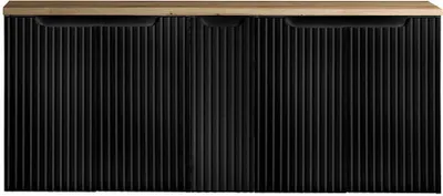Produktbild von Waschbeckenunterschrank mit Waschplatte ‘Skelbolu‘ mit 5 Türen 140 x 60 x 40 cm gerillt Schwarz / Eichenoptik