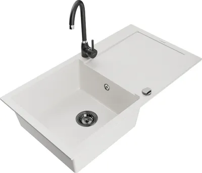 Produktbild von Mexen Leo 1 Becken-Granitspüle mit Abtropffläche und Mischbatterie Telma, Weiß - 6501-20-670200-70