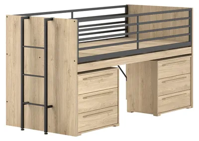 Produktbild von Halbhochbett 90x200 Keelia Eiche mit 2 Schubladen Kommoden