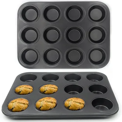 Immagine prodotto di Set da 2 teglie per muffin, antiaderenti, con stampo per 12 muffin, Acciaio al carbonio, colore nero