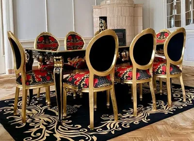 Produktbild von Pompöös by Casa Padrino Barock Luxus Esszimmer Set - Pompööser Barock Esstisch mit Glasplatte und 8 Stühlen designed by Harald Glööckler - Barock Esszimmermöbel