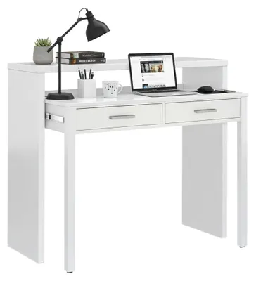 Produktbild von Konsolentisch Damodi, Schreibtisch mit ausziehbarer Platte, PC-Schreibtisch mit 2 Schubladen, 99x36h88 cm, Weiß