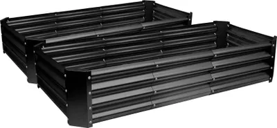 Two black rectangular raised garden beds are shown from a diagonal angle on a white background.