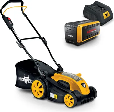 Produktbild von Mowox® EM 38 P-Li  Akku-Rasenmäher mit Akku und Ladegerät für Rasenflächen bis 350 m² mit 40l XL-Fangsack mit Füllstandsanzeige, Schnittbreite 38 cm, 5-fache Höhenverstellung