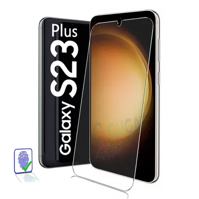 A screen protector and phone case for a Samsung Galaxy S23+ are displayed against a white background.