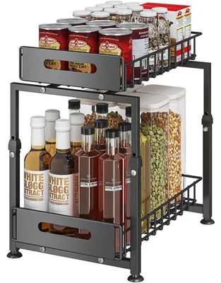 Zdjęcie produktu dla Organizer do szafki z 2 półkami, metalowy, czarny, z regulowaną wysokością, wymiary: 29 x 37,5 x 41-49 cm
