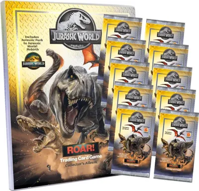 A collector's album and booster packs for the Jurassic World trading card game.