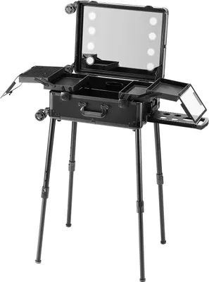Immagine prodotto di SucceBuy valigetta per il trucco con 4 scomparti, serratura e specchio illuminato, porta pennelli, altoparlante, organizzatore di cosmetici da viaggio, carrello per artisti, studio