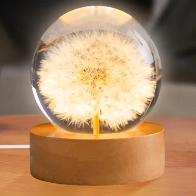 Produktbild von Kristallkugel Löwenzahn, 60 mm Glaskugel Lampe mit Holzsocke, Kristallkugel Dekoration, Pusteblume im Glas, Kristallkugel Nachtlicht mit LED-Beleuchtung, Geschenke für Frauen, Kinder