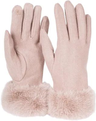 Produktbild von styleBREAKER Damen Unifarbene Touchscreen Stoff Handschuhe mit Kunstfell Besatz am Bund, warme Fingerhandschuhe Winter 09010028