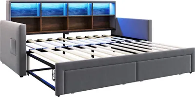 Produktbild von Merax Ausziehbares Polsterbett Tagesbett 90/180×190 cm mit LED und Steckdose, Schlafsofa mit Kopfteil-Stauraum und 2 Schubladen, Samtstoff, Grau