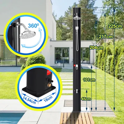 Zdjęcie produktu dla Aopunly Solardusche 40 L – prysznic ogrodowy z ręczną słuchawką, wbudowaną słuchawką do stóp i okrągłą głowicą prysznicową, w zestawie z materiałami montażowymi i osłoną, kolor czarny