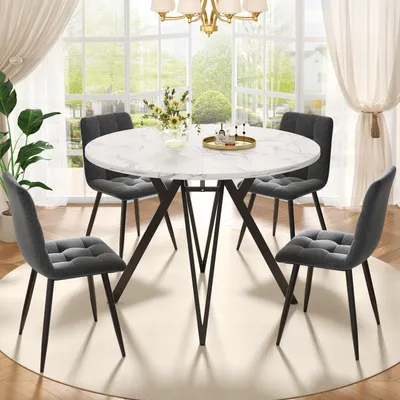 Produktbild von Sweiko Esstisch-Set (5-teilig), Esstisch-Set mit 4 Stühlen, Modernes Küchen-Esstisch-Set, Runder Küchentisch mit Durchmesser 100 cm, Schwarze Metallbeine, MDF-Marmor-Tischplatte, Graue Leinen-Esszimmerstühle