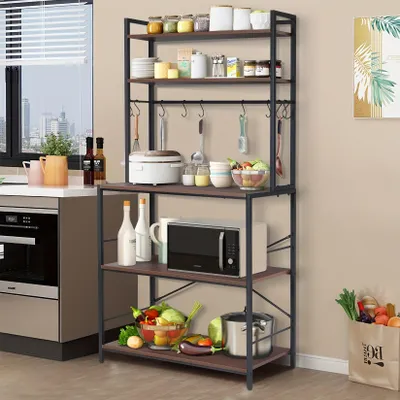 Produktbild von Küchenorganizer – 5-stufiger Industrieregal in rustikalem Schwarz-Nussbaum-Design mit Mikrowellenhalterung und Haken
