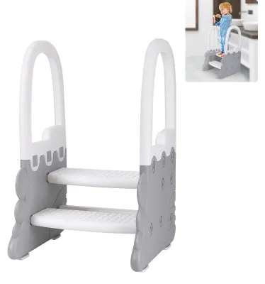Imagen del producto de Escalera infantil de 2 peldaños con barandilla y peldaños antideslizantes – Asistente para lavabo y cocina (gris y blanco)