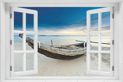 Produktbild von Wallario Wandbild mit Fenster-Illusion: Fischerboot am Strand mit Sonnenuntergang, Größe: 61 x 91,5 cm, Poster mit rahmenlosen Bildhalter