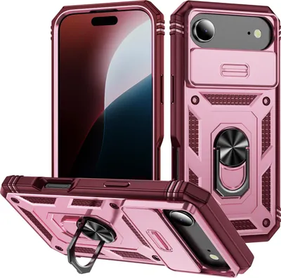 Produktbild von iPhone Air Hülle, Schiebe Kamera Schutz Stoßfest Schutzhülle mit Ringhalterung Ständer für iPhone Air Rosa