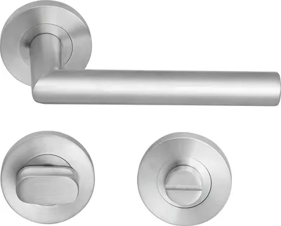 A set of stainless steel door handles and escutcheons on a white background.