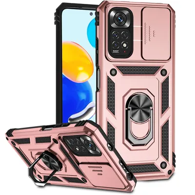 Immagine prodotto di Custodia per Xiaomi Redmi Note 11 / Note 11S a doppio strato con copertura scorrevole della fotocamera e supporto ad anello Rosa