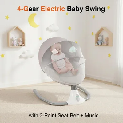 Produktbild von Elektrische Babyschaukel - Babywippe mit Musik - 4 Stufen - Fernbedienung 5 m - Timer 8/15/30/60 Min - Winkel 10°–22° - 3-Punkt-Gurt - Grau