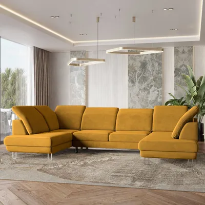 Zdjęcie produktu dla Masseno Narożnik TERAMO z funkcją spania i pojemnikiem na pościel Kształt U, Rozkładana sofa, Rogówka - Żółty, MONOLITH 48