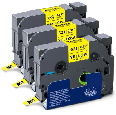 Immagine prodotto di 3 nastri per etichette, 9 mm x 8 m, neri su giallo, compatibili con le stampanti per etichette P-touch