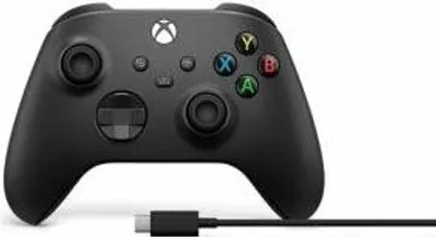 A black Xbox wireless controller with a USB-C cable attached, shown against a white background.