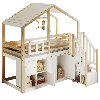Produktbild von Hochbett mit Stauraum, 90x200 cm, Kinderbett mit Rausfallschutz, Lattenrost, Treppe, Regal und Schrank, Kiefer