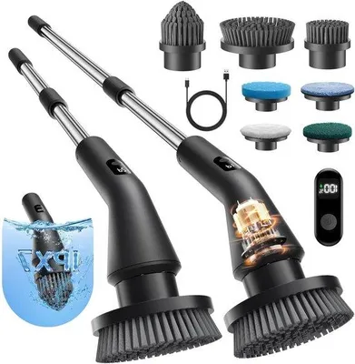 Obrázek produktu pro Elektrický čisticí kartáč – rotační čistič – pro čištění podlah v koupelně – s teleskopickou tyčí – 7 různých hlavic – tmavý